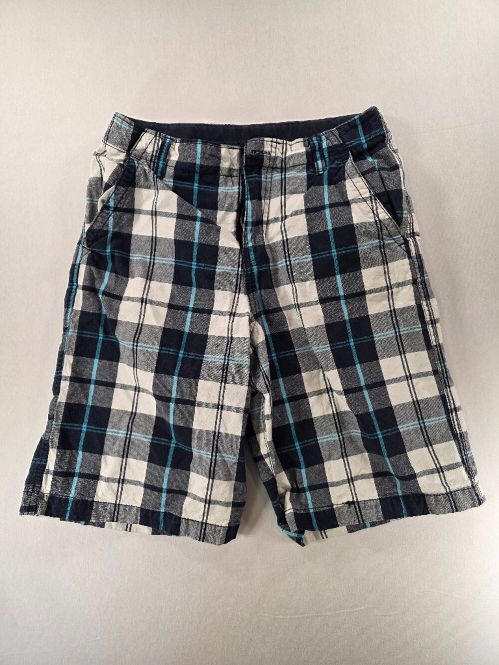 Faded Glory Boy's Blue White Gray Plaid Bermuda Shorts Size 14